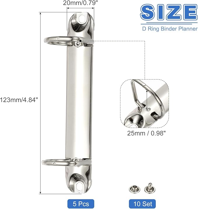 PATIKIL B7 2 Hole Ring Binder Mechanisms, 5 Set 0.98" D Ring Replacement Binder Planner Loose Leaf Binding Spines for Organizers DIY Fill Paper Storage Folder Accessories, 20mm Silver Tone