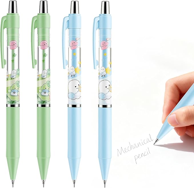 4Pcs Cute Green Mechanical Pencils with Eraser 0.5mm&0.7mm Kawaii Cartoon Mechanical Pencil School Pencil for School Office Writing Draft Drawing