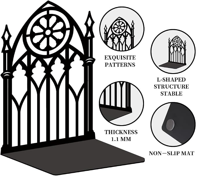 Gothic Gate Book Shelf Decorative Bookends for Shelves, Book Ends for Heavy Books, Metal Bookends for Desk Organizer, Office Library Decor Decorative Books for Home Decor