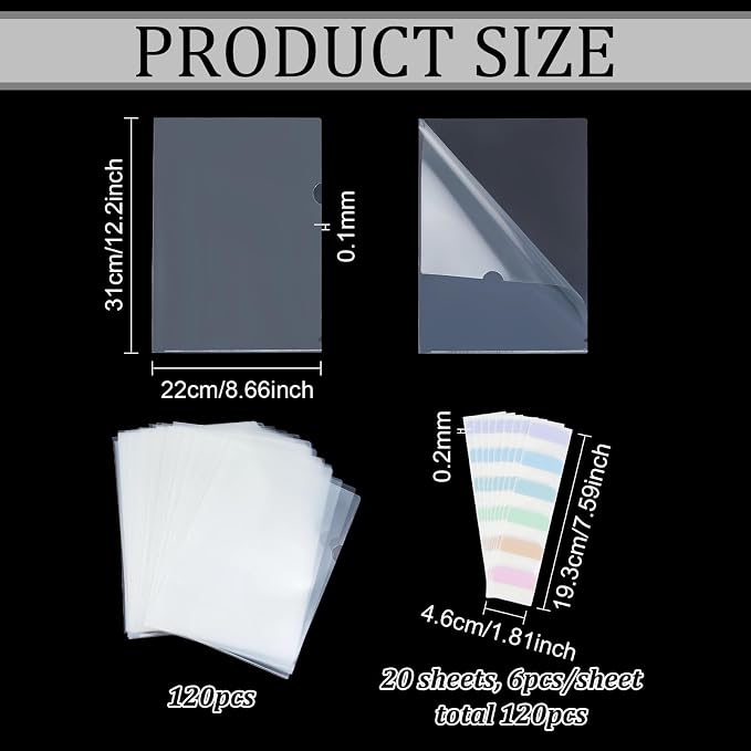 120PCS Clear Plastic Folders Document Protectors Sleeves Bulk with 120PCS Label Stickers Paper Filing Storage Organizes Folders for Office School Home Document Letter Protection, 7.9"X12"