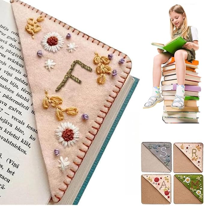 Personalized Hand Embroidered Corner Bookmark, 26 Letters Cute Flower Embroidered Corner Bookmark Embroidery Book Marker Clip for Book Lovers Bookmarks for Reading Lovers Meaningful GIF (Spring, F)