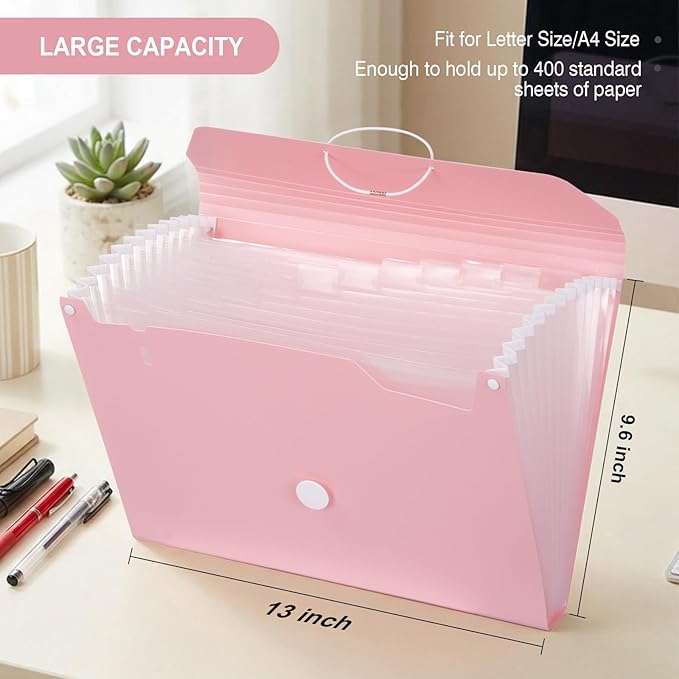 Comix Accordion File Organizer, 13 Pocket Expanding File Floder with Labels for A4/Letter Size Documents, Accordion File Folder for Office, Home, School（Pink）