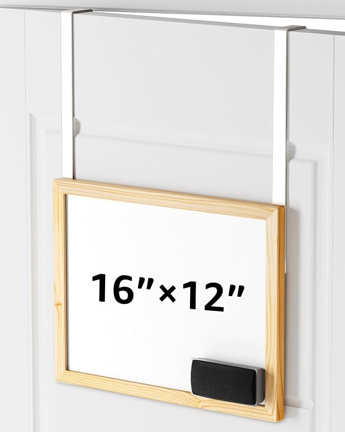 Bulado Over the Door Whiteboard, 16"x12" Wooden Dry Erase Board with 2 Hanging Rods, Small White Board for Door, Cubicle Whiteboard for Home, Office, Dorm, No Drills