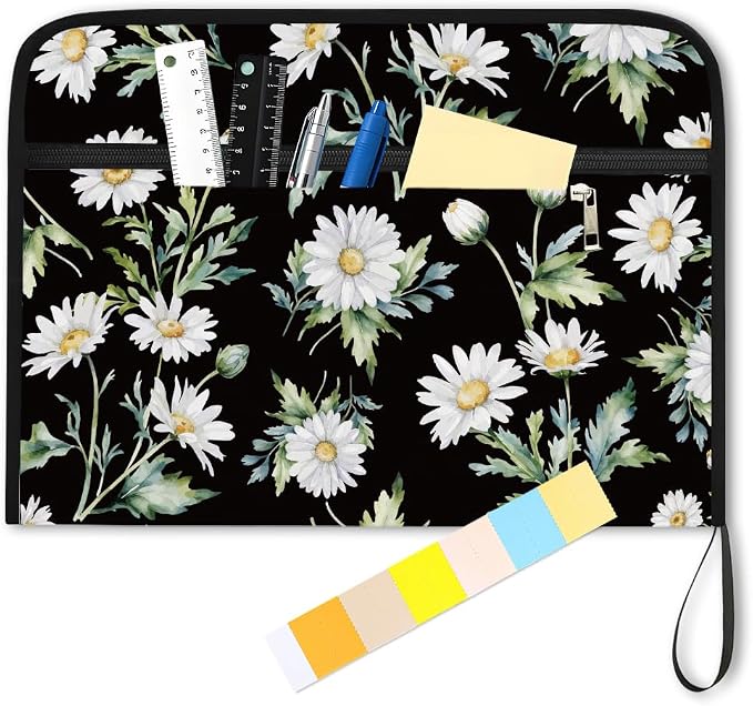 WEBEEDY 13 Pockets Daisy Expanding File Folder Dark Background Flower Expandable File Folder with Labels and Zipper, Portable Accordion Files Organizer for A4 Paper Document Photo Receipt Paperwork