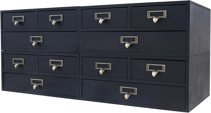 4 Pcs Vintage Wood Desktop Organizer, 4x3 Drawer Apothecary Cabinet with Metal Handles, Stackable Storage for Office Home School, Makeup Jewelry Tea Stationery Herbs