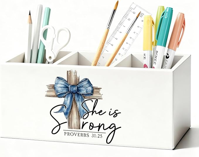 Christian Pen Holder, Christian Gifts for Women Pencil Holder for Desk, Proverbs 31 Woman Gifts, Preppy Bow Bible Verse Wooden Box Sign Decorations for Girly Room Bedroom Dorm Desk Tabletop