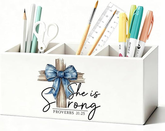 Christian Pen Holder, Christian Gifts for Women Pencil Holder for Desk, Proverbs 31 Woman Gifts, Preppy Bow Bible Verse Wooden Box Sign Decorations for Girly Room Bedroom Dorm Desk Tabletop