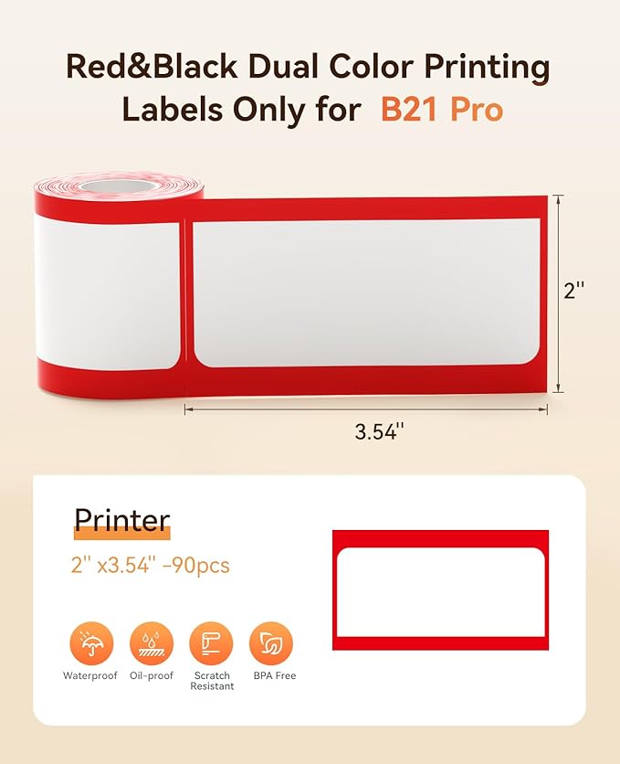 NIIMBOT Refill Label- 300DPI Red & Black Dual Color Sticker Paper Red Line (2"x3.5"/50x90mm) for School, Office, Retail, Baking & Safety Labels - Compatible with Pro Series Label Makers