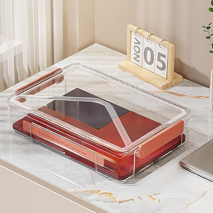 2 Pack Clear Plastic File Storage Boxes with Latching Lids, Transparent Certificate Organizer, Portable Project Case for Drawers, Clear Stackable File Box for A4 Files (‎Red Latches, Large)