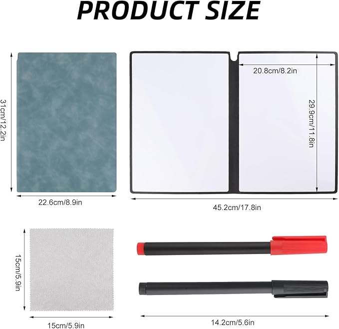 A4 Portable Whiteboard Notebook,12" x 9" Double Sided Dry Erase Board with Two Pens,Folding Reusable Writing Pad for Office Meetings,School,Planning,Travel,PU Cover(Light Cyan)