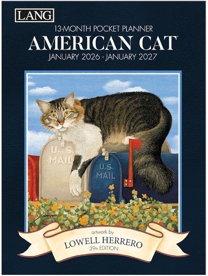 Lang American Cat Monthly 2026 Pocket Planner – 13-Month Planner (Jan 2026-Jan 2027) with Monthly Engagement Layout & Lowell Herrero Cat Artwork, 8.5" × 12"