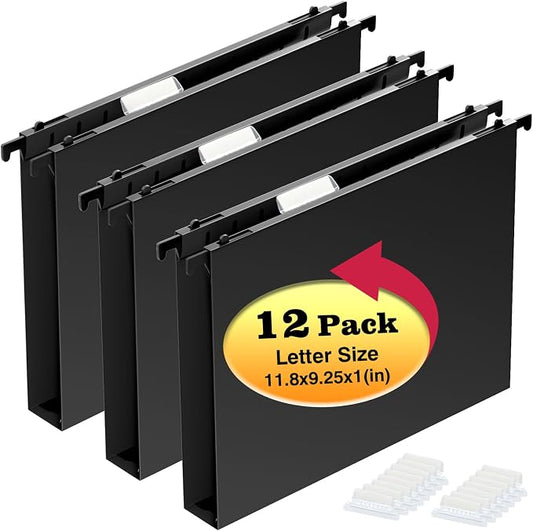 SHUTEX Extra Capacity Plastic Hanging File Folders,12 Pack Reinforced Hang Folder,Heavy Duty 1 Inch Expansion,Filing Cabinet Folders Letter Size for Bulk Files/Medical Charts, Black