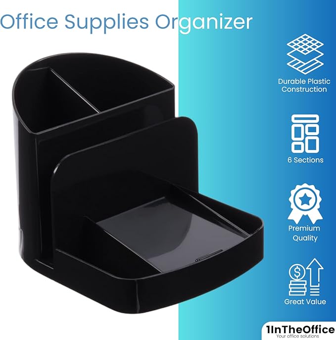 1InTheOffice Office Supplies Desk Organizer, Multifunctional Plastic Desk Storage Organizer,6 Compartments, Black