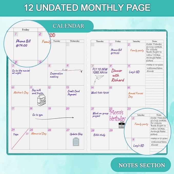 Hardcover Undated Planner for Any Year - Weekly & Monthly Planner & Journal to Track Goals, Perfect to Organize Your Daily Life, 5.85" x 8.25", Teal