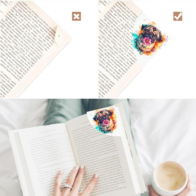 2PCS PU Leather Bookmarks 3.5x3.5 Inch Pug Flower Design | PU leather bookmarks with pug flower design for novels, journals, study notes, dog lovers, students and book fans