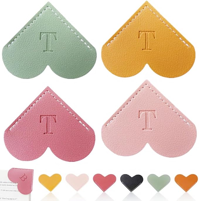 Personalized Leather Heart Bookmark, 26 Letters Customized Corner Book Mark for Reading Women, Book Marker with Initials，Cute Gifts (Light Pink+Deep Pink+Green+Light Brown, T)