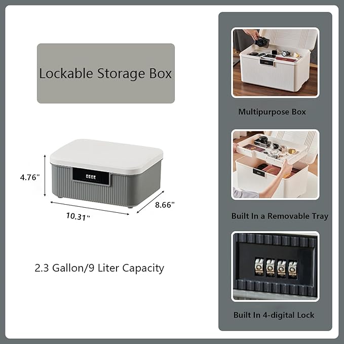 Lockable Storage Container Bin with Combination Lock - 2.3 Gallon Capacity Organizer Box & Plastic Trunk for Office/Home Security | Heavy Duty ABS Storage Box, White&Grey