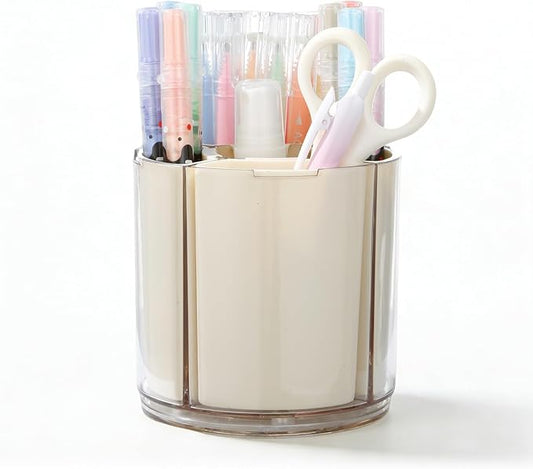 Comix 360° Rotating Pen Holder for Desk, Cute Pencil Holder Pen Organizer, Beige Acrylic Pencil Cup Caddy with 5 Slots for Home School Office Supplies