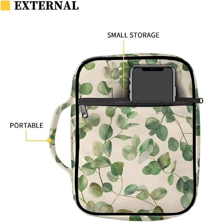 Coldinair Green Leaf Bible Covers for Women Men Kids Bible Case with Bookmark Large Carrying Book Case Church Bag Bible Protective with Pocket and Zipper