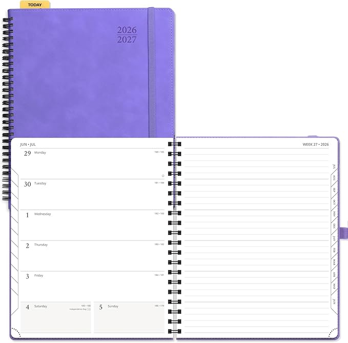 POPRUN Weekly Planner 2026-2027 (July 26-June 27), Large-8.5" x 10.5", Academic Agenda 2026-2027 Calendar Notebook Planner for School, College, Spiral Leather Softcover, 100GSM - Lilac
