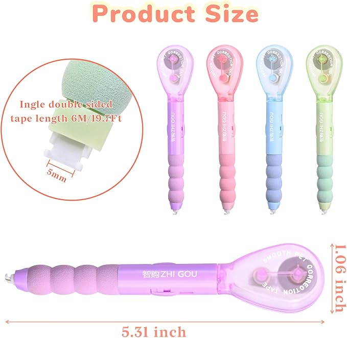 Temiary 4 Pcs White Correction Tape Pen, 19.69 ft Smooth Pull Out Tape Pens, Instantly Dry, Easy to Use Applicator for School Office Supplies (Multicolor)