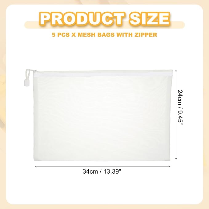 PATIKIL A4 Mesh Zipper Pouch Bags, 5 PCS Mesh Bags with Zipper Plastic Storage Pocket for Organizing File Beads Office Home Supplies, 34x24cm, White