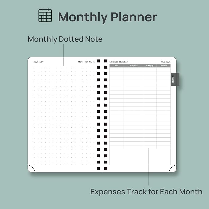 POPRUN 2026-2027 Monthly Planner, Small 4" x 6.25", 18 Month Calendar Agenda (July 2026 - December 2027) with Expense Tracker, Notes Pages, Sprial Bound, Leather Softcover - Petrol Green