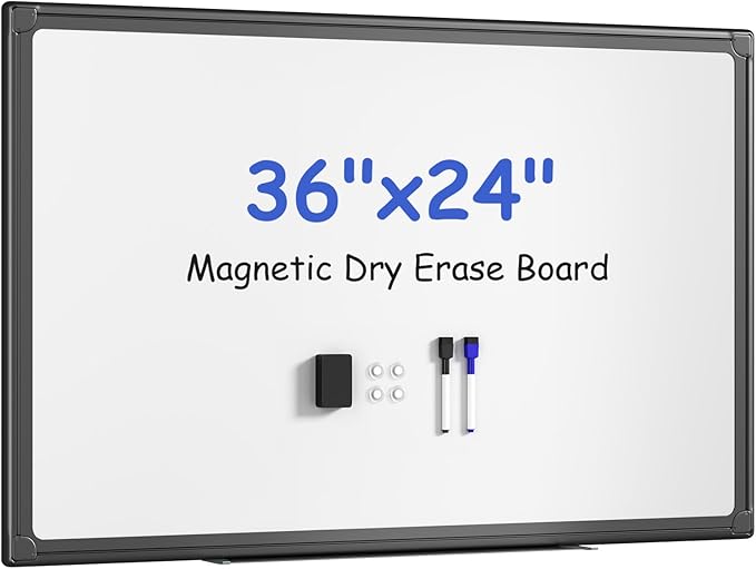 VUSIGN Magnetic White Board Dry Erase 36" x 24" with 1 Dry-Erase Eraser, 2 Multicolor Marker, 4 Magnetic Pins, Black Reinforced Aluminum Frame for Office, Home, School