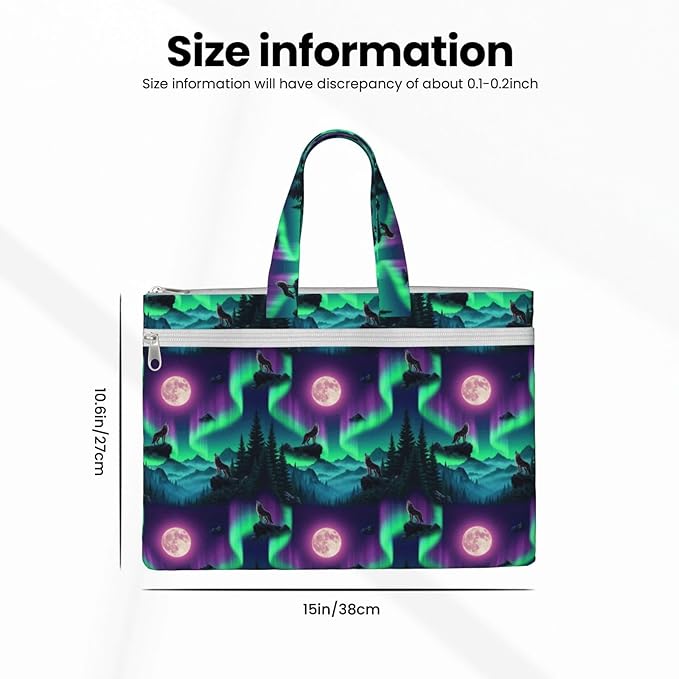 Lightweight Canvas Document Tote Bag Cool Wolf Howling Moon, Waterproof Zipper File Pouch with Handle for Office Travel Use
