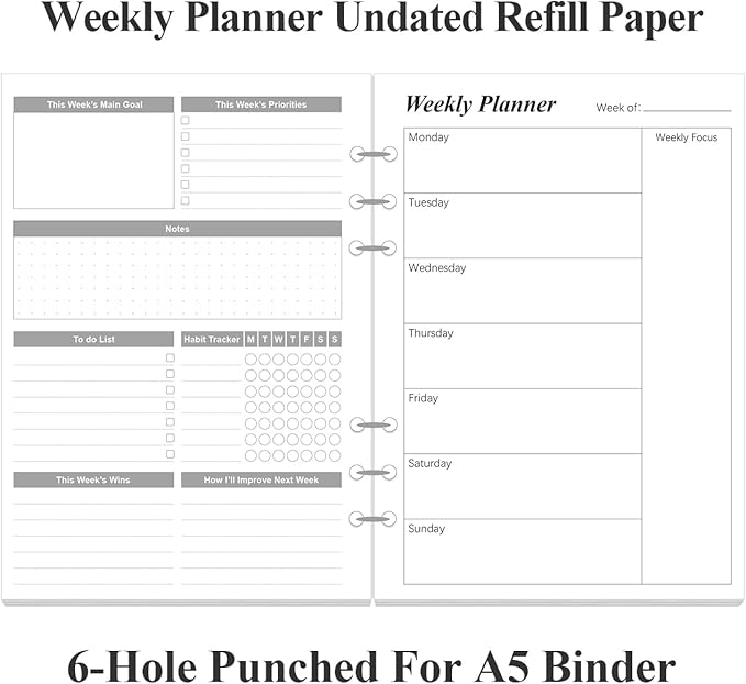 (2-Pack) Weekly Planner Refills for A5 Binders - 106 Sheets/212 Pages Undated Weekly Planner, 6-Hole Punched, 100 gsm White Paper, Lasts 1 Year, Undated, 5.8" x 8.3", Black