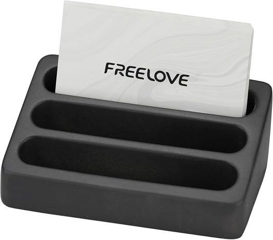 FREELOVE Desktop Card Holder, Concrete, Handmade, 3 Stair 3 Slots, Fits 30-50 Business Cards, Stone Weighted, Smooth Finish, Eva Base, Office Desk Organizer (Black, Small)