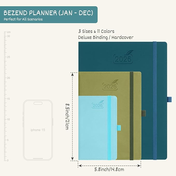 BEZEND 2026 Planner Weekly and Monthly (6" x 8.5") Daily Calendar with Hourly Timeslots & Tabs (Jan-Dec) Note & Expenses, Pen Holder, Inner Pocket, Vegan Leather Hardcover - Turquoise