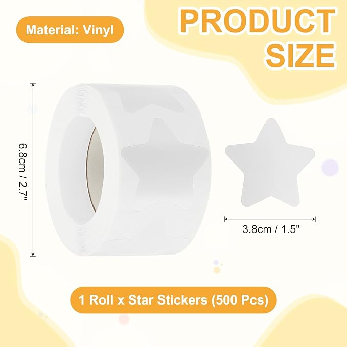PATIKIL Star Stickers Roll 1.5", 500 Pcs Self-Adhesive Reward Stickers for Classroom Teacher Supplies and DIY Craft, White