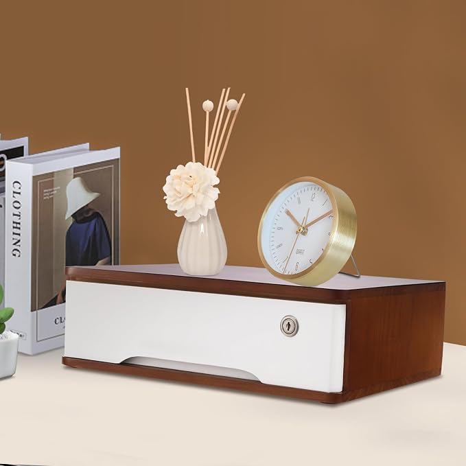 Wooden Desktop Storage Box with Lockable Drawers, Flat File Cabinet Drawer Desktop Storage Box, Countertop Storage Cabinet for Office Home Toiletries Supplies Vanity (walnut+white, 1 Drawer)