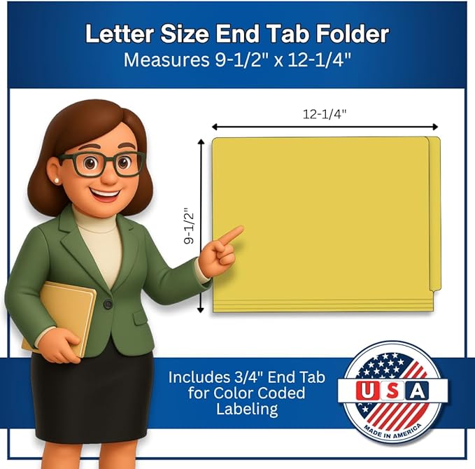 Yellow File Folders, Doctor Stuff, Letter Size Reinforced End Tab Folder with 2" Bonded Fastener on Inside Front and Back, 14 pt Stock, Carton of 250