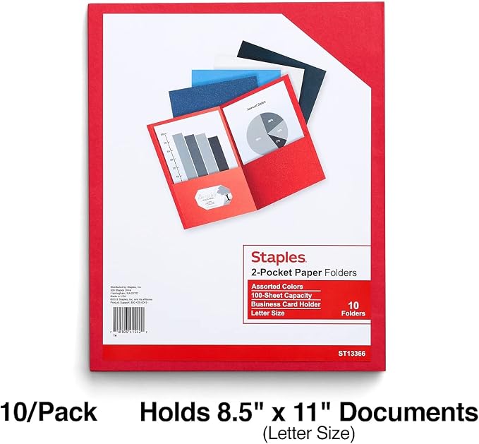 Staples Assorted 2‑Pocket Folders, Letter Size, Durable Paper with Business Card Holder, Eco‑Friendly – 10/Pack