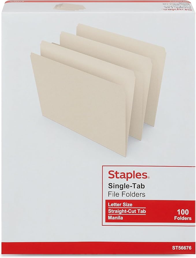 Staples File Folder, Letter Size, Straight‑Cut Tab, Manila, Durable Paper Stock, 200/Carton