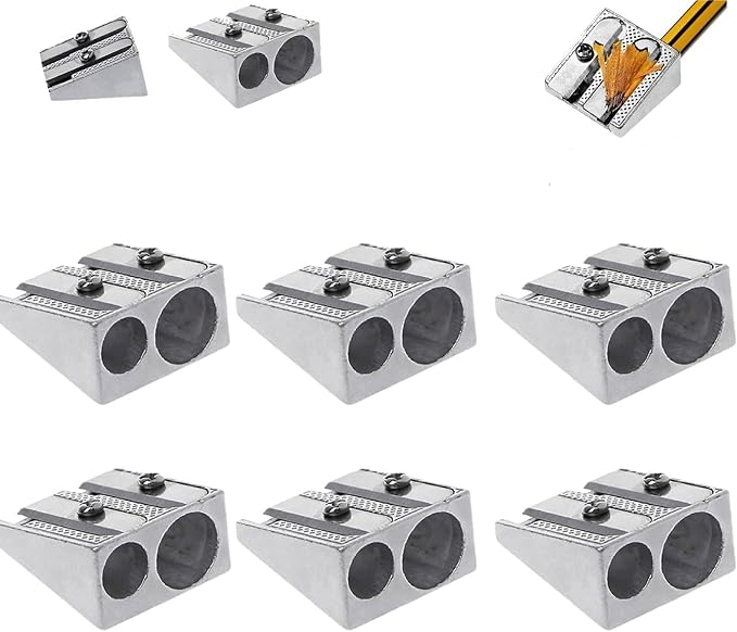 6Pcs Silver Magnesium Pencil Sharpener Survival, 2-Hole Pencil Sharpener Magnesium Alloy Wedge Profile, Pencil Sharpener Magnesium,Writing and Correction Supplies,Metal Pencil Sharpeners