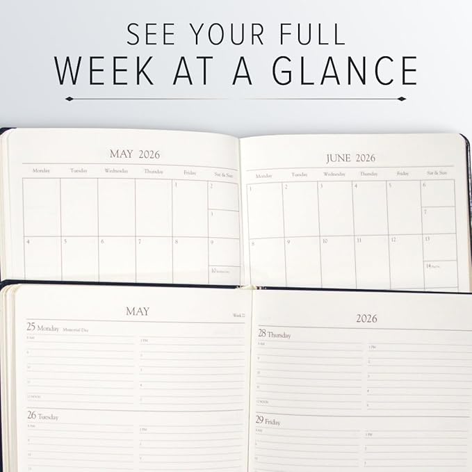 Gallery Leather Desk Hourly Weekly Monthly Planner 2025-2026, Elegantly Bound Calendar Planner and Notebook with Stylish Gold-Gilded Page Edges, 12 Months - Acadia Navy - 8 x 5.5 "