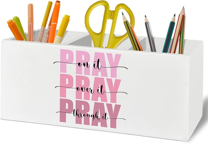 Pink Christian Bible Pen Pencil Holder Organizer for Desk Accessories, Pray on Over Through It Wooden Box Sign Desk Decor for Home Office Decoration, Christian Gifts for Women Men