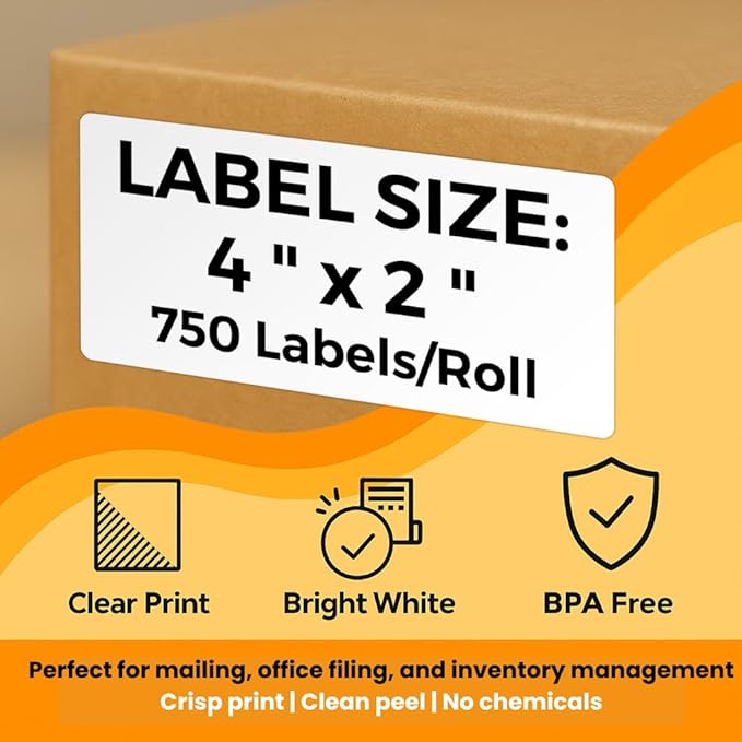 4x2 Direct Thermal Shipping Labels, 12 Rolls (750/Roll)，9000 Total Labels- Perforated White Mailing Labels Compatible with Zebra, Rollo, MUNBYN Thermal Printers for Shipping, Postage, Barcodes