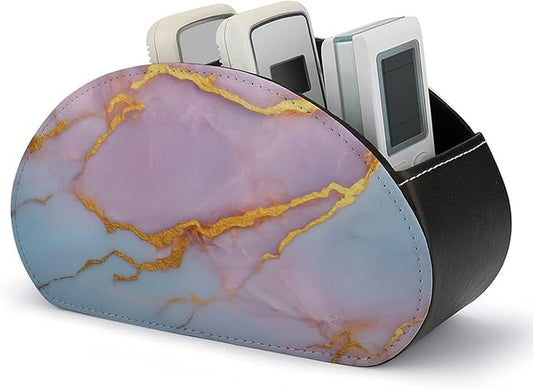 Golden Veins Marble Texture Remote Control Holder with 5 Compartments Leather TV Remote Caddy Remote Storage Box Desktop Organizer for Pen/TV Remotes/Media Controllers/Office Supplies