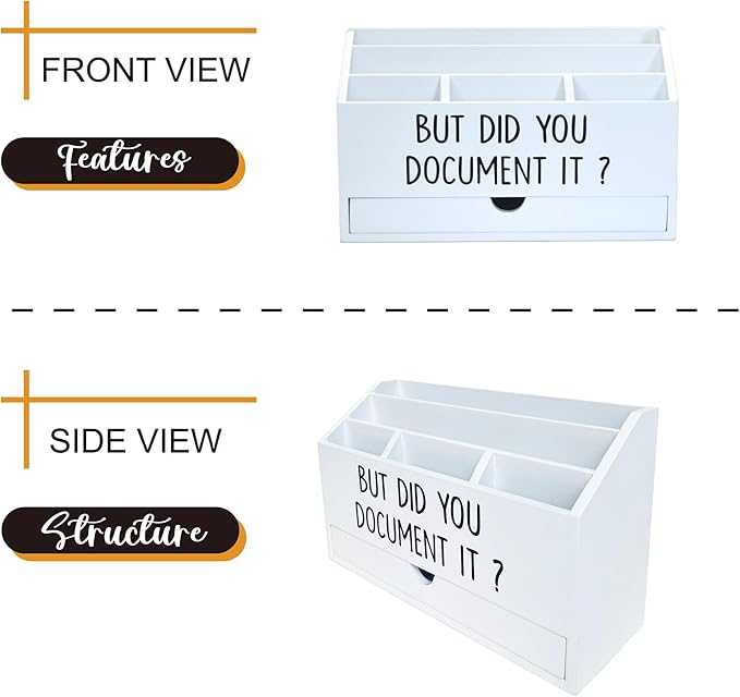 EXQUIDECA Wooden White Rustic Countertop Mail Storage Holder with Drawer and Compartments - Office Desk Accessories and Workspace Organizers - Desktop Sorter for Pen Stationery Letter Files Documents
