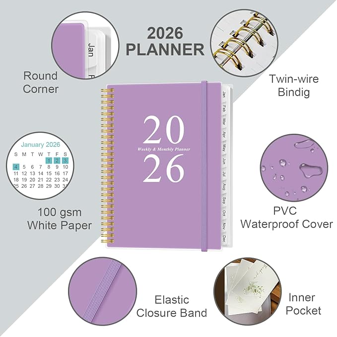 2026 Planner - Weekly Monthly Planner 2026 from January 2026 to December 2026 with 12 Monthly Tabs, Flexible Cover, Inner Pocket, 8.5" x 11", Purple