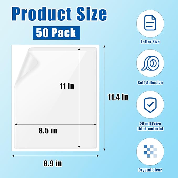 TOTiyea 50-Pack Clear Adhesive Pockets, Letter Size 8.5” x 11” Self-Stick Sheet Protectors for Classroom & Office, Waterproof, Wipe-Clean, Crystal Clear Document Holders (50)