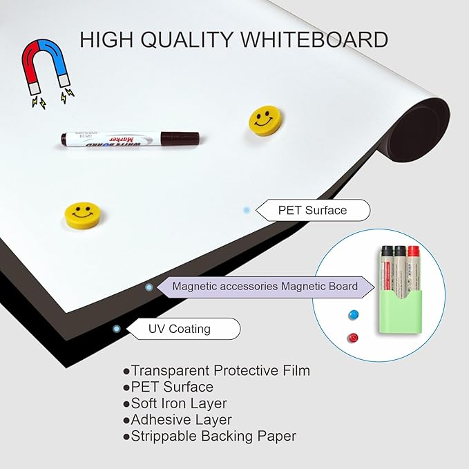 Whiteboard Adhesive Contact Paper, 48×36" in Magnetic Whiteboard Roll, Dry Erase Board for Wall. Ideal for Schools, Offices, and Homes. Includes Markers and Dry-Erase Board.