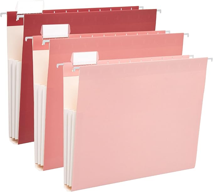 6 Pack Extra Capacity Hanging File Folders Letter Size, Reinforced Expandable Folders with 1/5-Cut Tabs for Filing Cabinets, Durable Office & Home Organizer, Pink