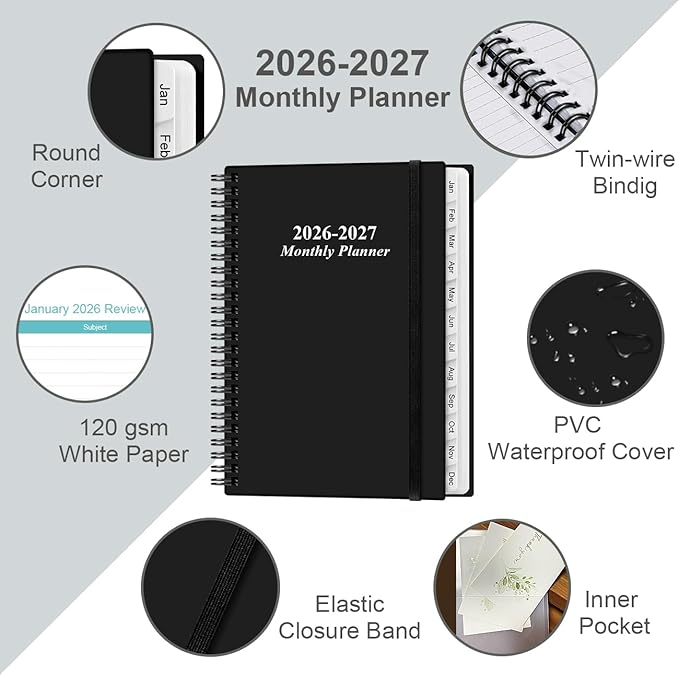 2026-2027 Monthly Planner - January 2026 - June 2027, Two Pages Per Month, 18 Monthly Calendar/Planner with Tabs, Inner Pocket, 6.4" x 8.5", Black