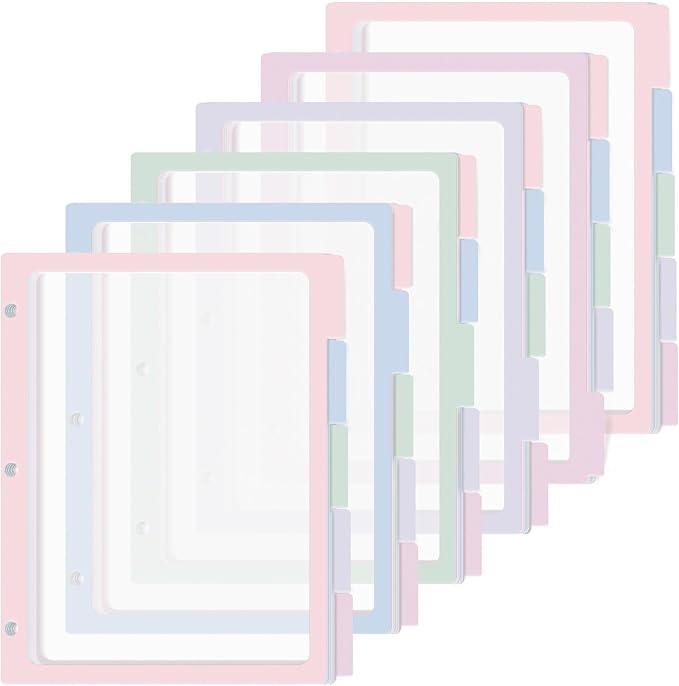 30PCS/6 Set 3 Ring Binder Dividers with 5 Tabs Color Page Dividers for 3 Ring Binder with Tabs 11.5×8.5inch Clear Folder Divider 3 Ring File Dividers Tabbed Index Dividers for School Office (Pastel)