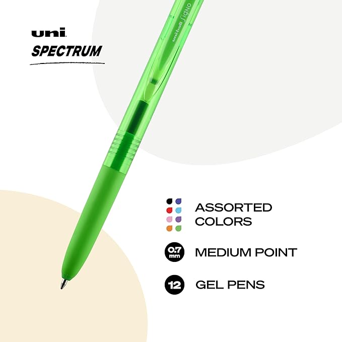 uniball Spectrum Retractable Gel Pens, Medium Point (0.7mm), Assorted Ink, 12 Pack